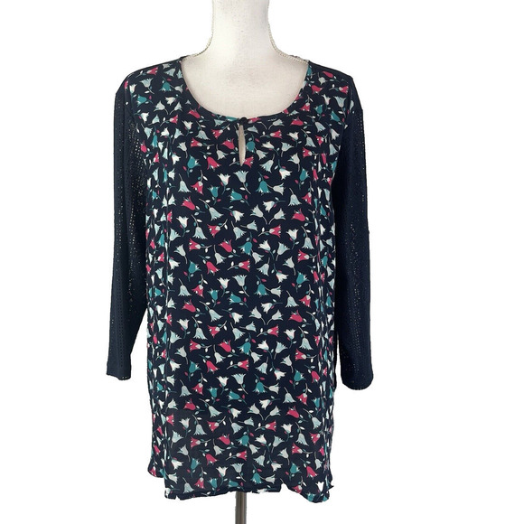 Van Heusen Blouse Tunic size Extra Large Navy Blue Pink Teal Tulips Lace Sleeves - Picture 1 of 11